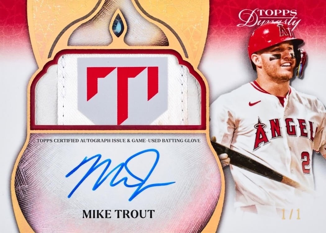 2025 Topps Dynasty Baseball Mike Trout Autographed Batting Glove with a large logo piece, numbered 1/1