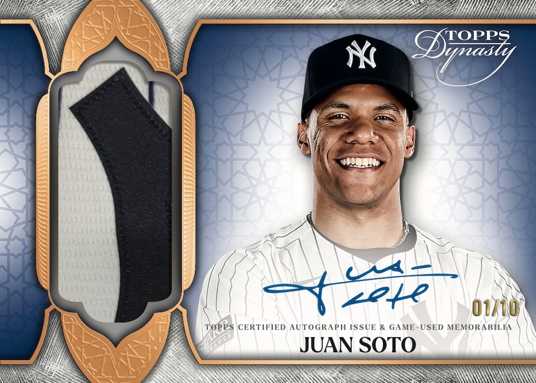 2025 Topps Dynasty Baseball Juan Soto Dynasty Autographed Patch with a game-used memorabilia piece, numbered 01/10
