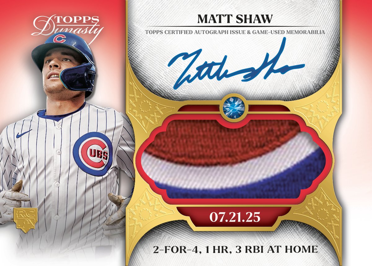 2025 Topps Dynasty Baseball Matt Shaw rookie On This Day Autographed Patch marked 07.21.25, 2-for-4, 1 HR, 3 RBI at home