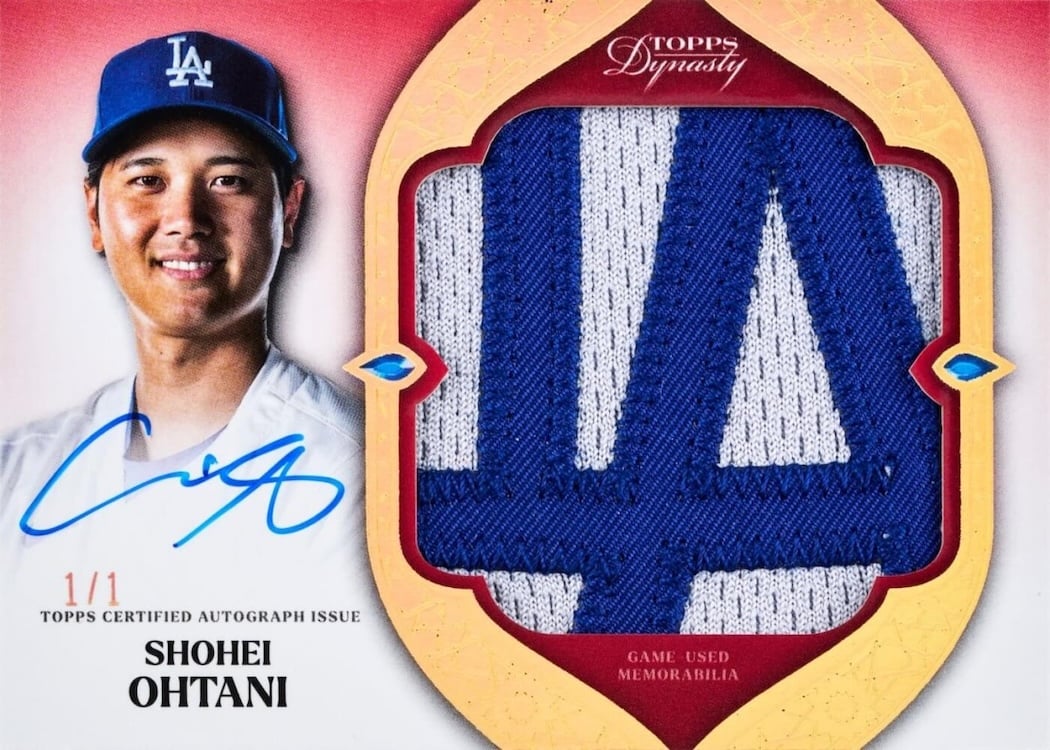 2025 Topps Dynasty Baseball Shohei Ohtani autographed patch with a large Dodgers LA logo piece, numbered 1/1