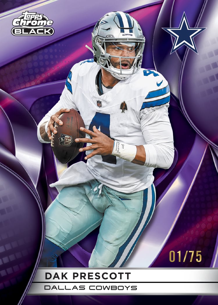 2025 Topps Chrome Black Football Dak Prescott base card Purple Refractor numbered 01/75