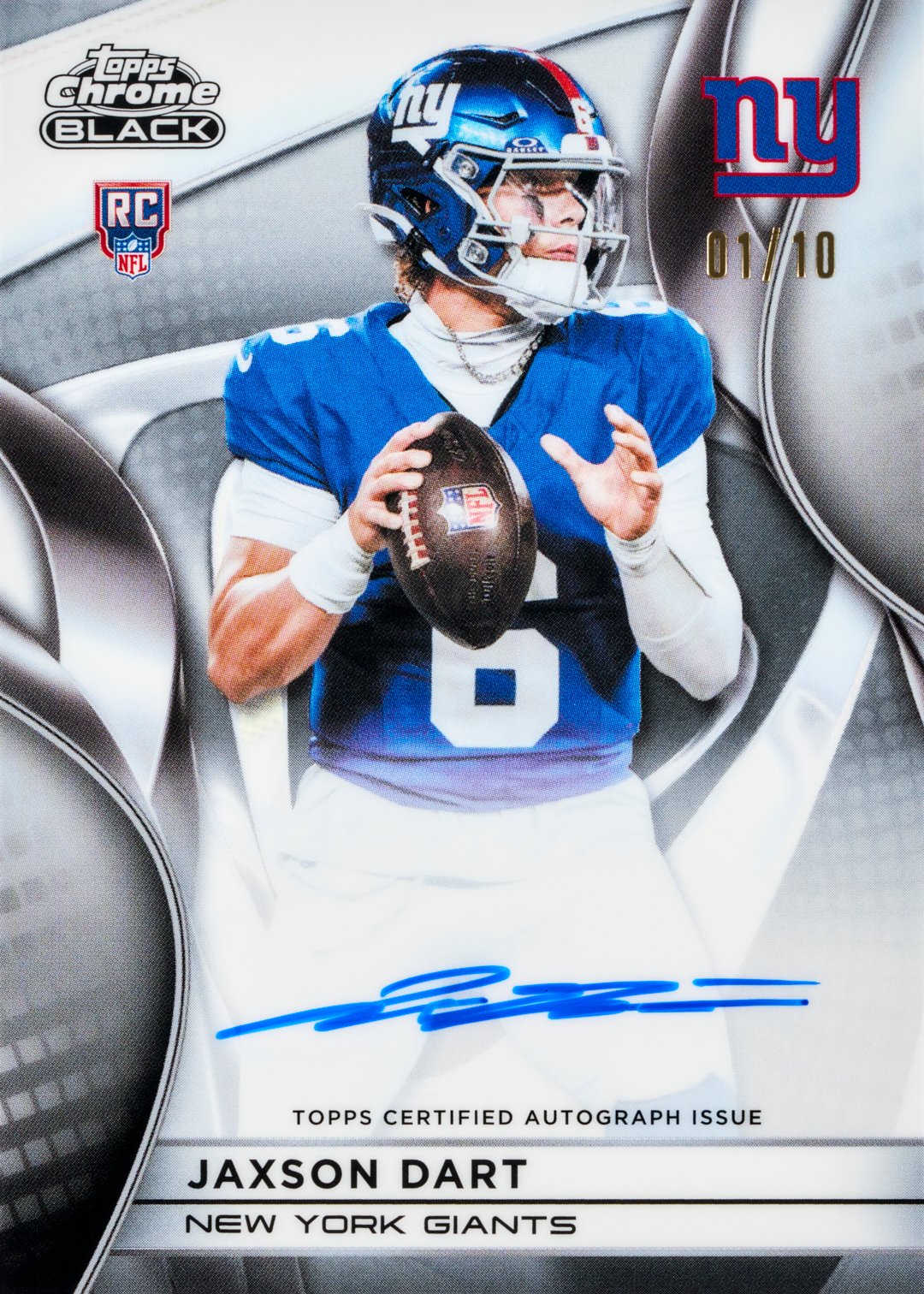 2025 Topps Chrome Black Football Jaxson Dart Rookies Autographs White Refractor numbered 01/10