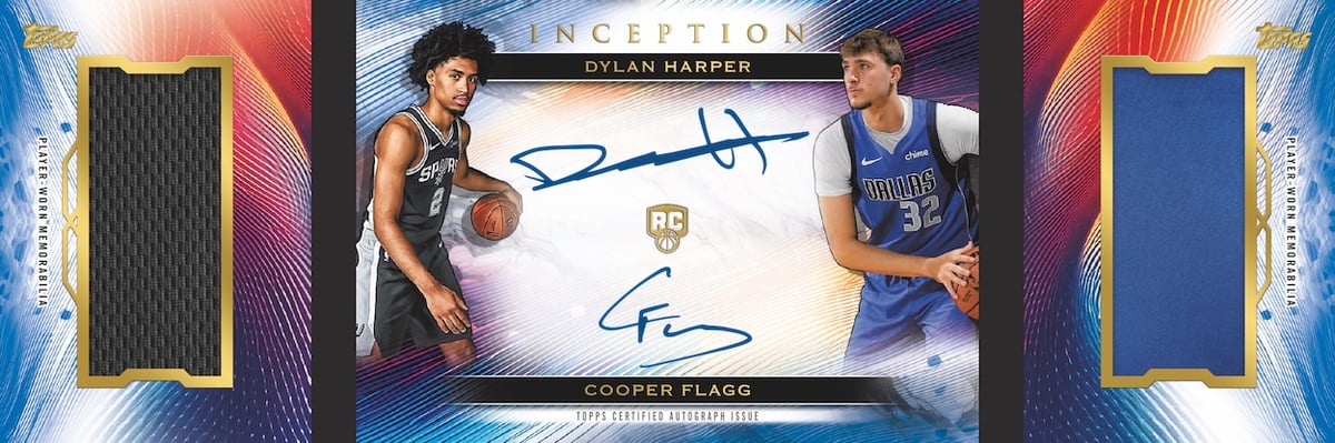 2025-26 Topps Inception Basketball Dylan Harper and Cooper Flagg Rookie Relic Booklet Autographs with player-worn memorabilia