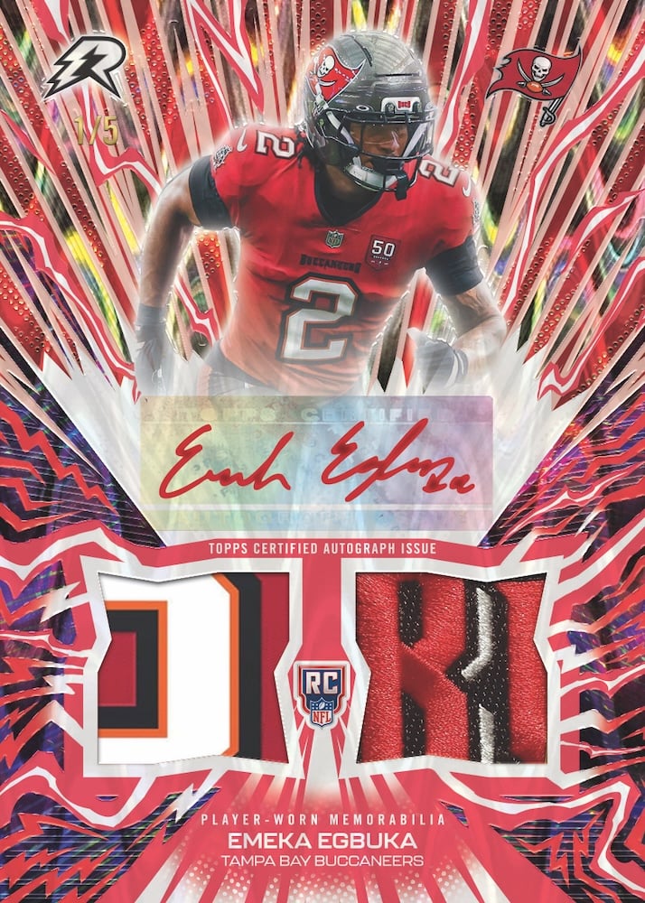 2025 Topps Resurgence Football Emeka Egbuka rookie relic autograph with two player-worn patches, red parallel numbered 1/5