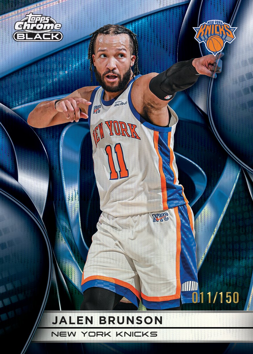 2025-26 Topps Chrome Black Basketball Jalen Brunson base card Blue Wave Refractor numbered 011/150