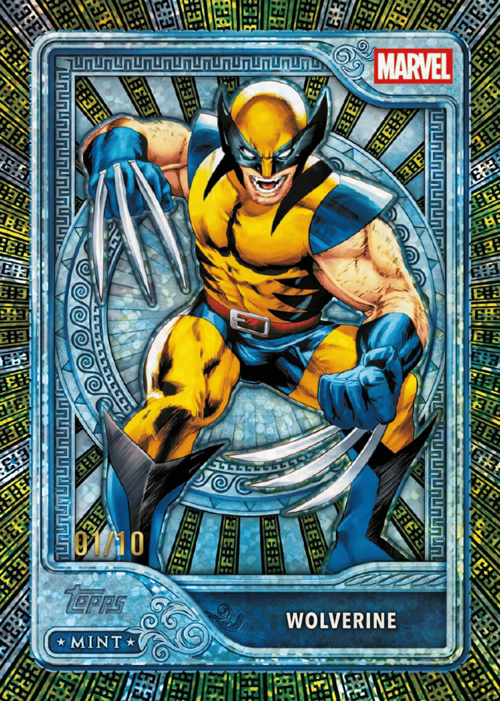 2026 Topps Mint Marvel Wolverine Platinum Tier with a black, yellow and green foil border, numbered 01/10