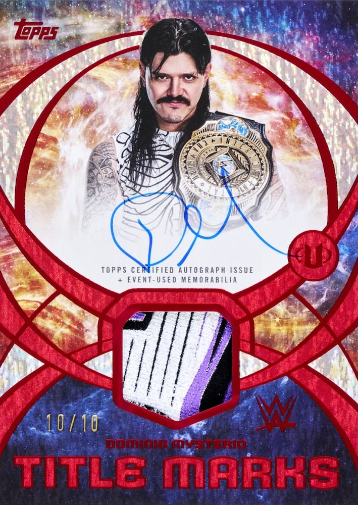 2026 Topps Universe WWE Dominik Mysterio Title Marks Relic Signatures Red Magma numbered 10/10 with an event-used memorabilia patch