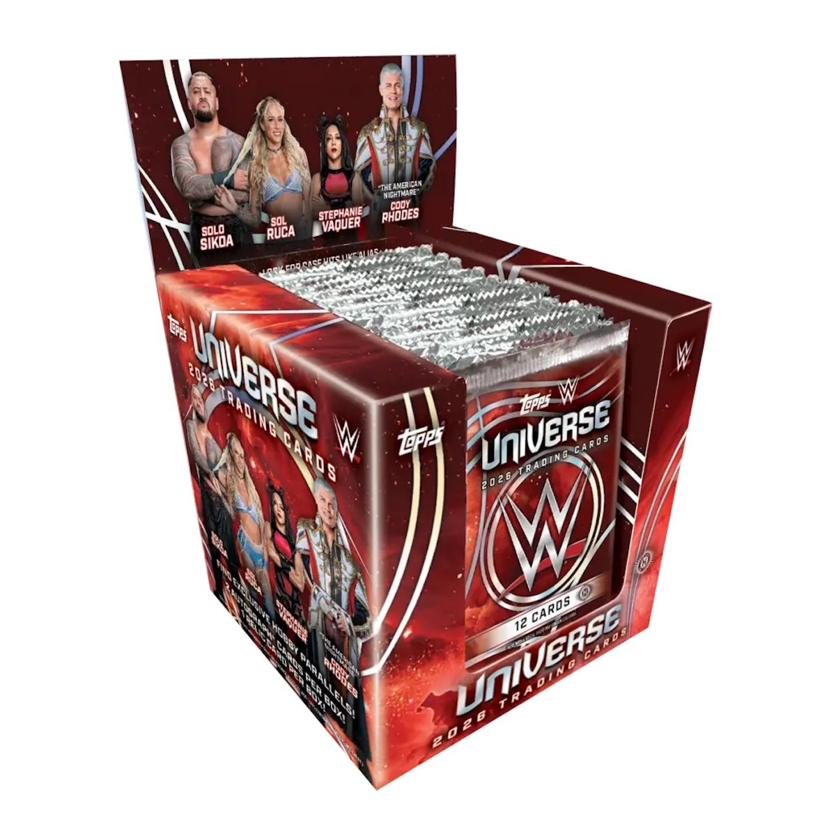 2026 Topps Universe WWE hobby box with 12-card packs, 2 autograph cards and 1 relic card per box