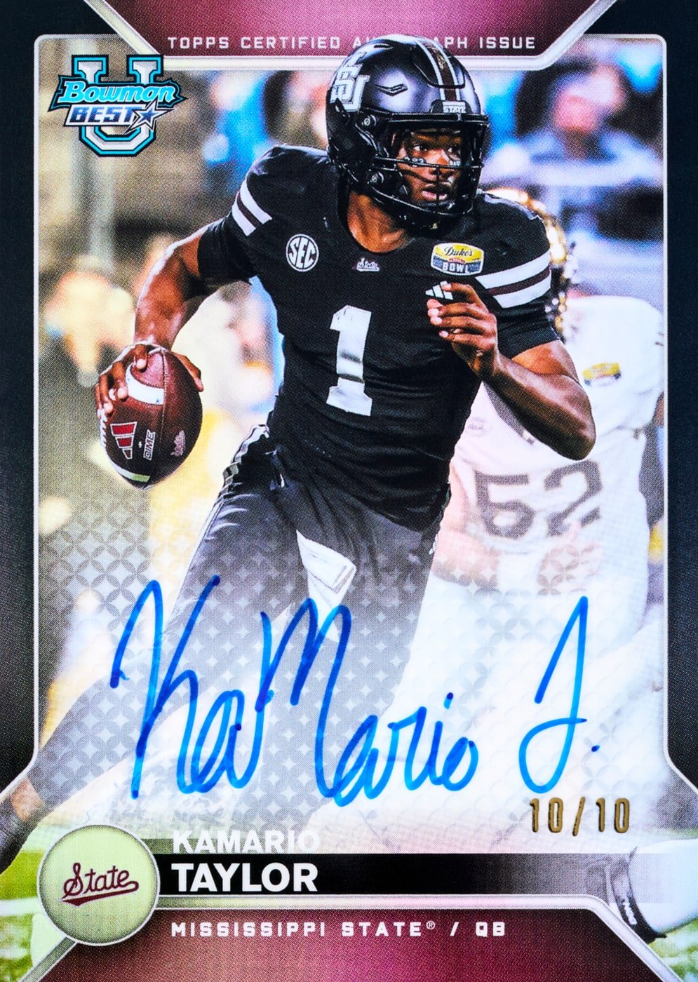 2026 Bowman University Best Football Kamario Taylor Best of 2026 Autographs Black Refractor numbered 10/10