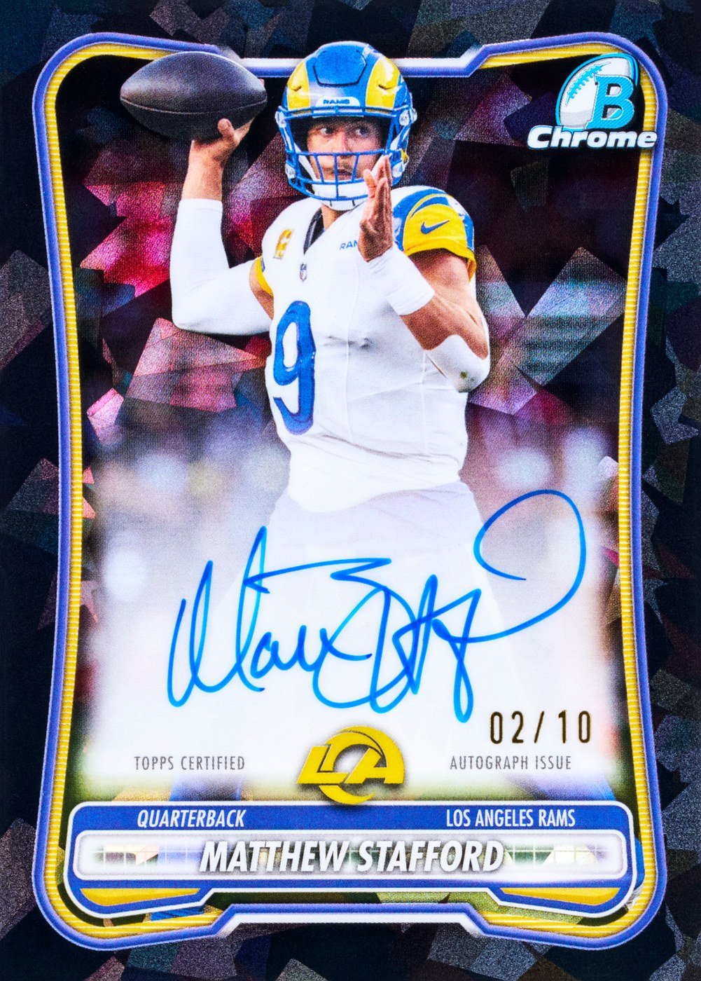 2026 Bowman Sapphire Football Matthew Stafford Base Chrome Autographs Black Sapphire numbered 02/10