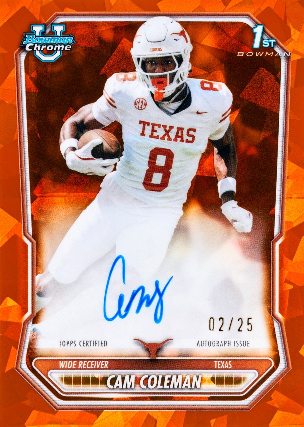 2026 Bowman Sapphire Football Cam Coleman Chrome Prospect Autographs Orange Sapphire with the 1st Bowman logo, numbered 02/25