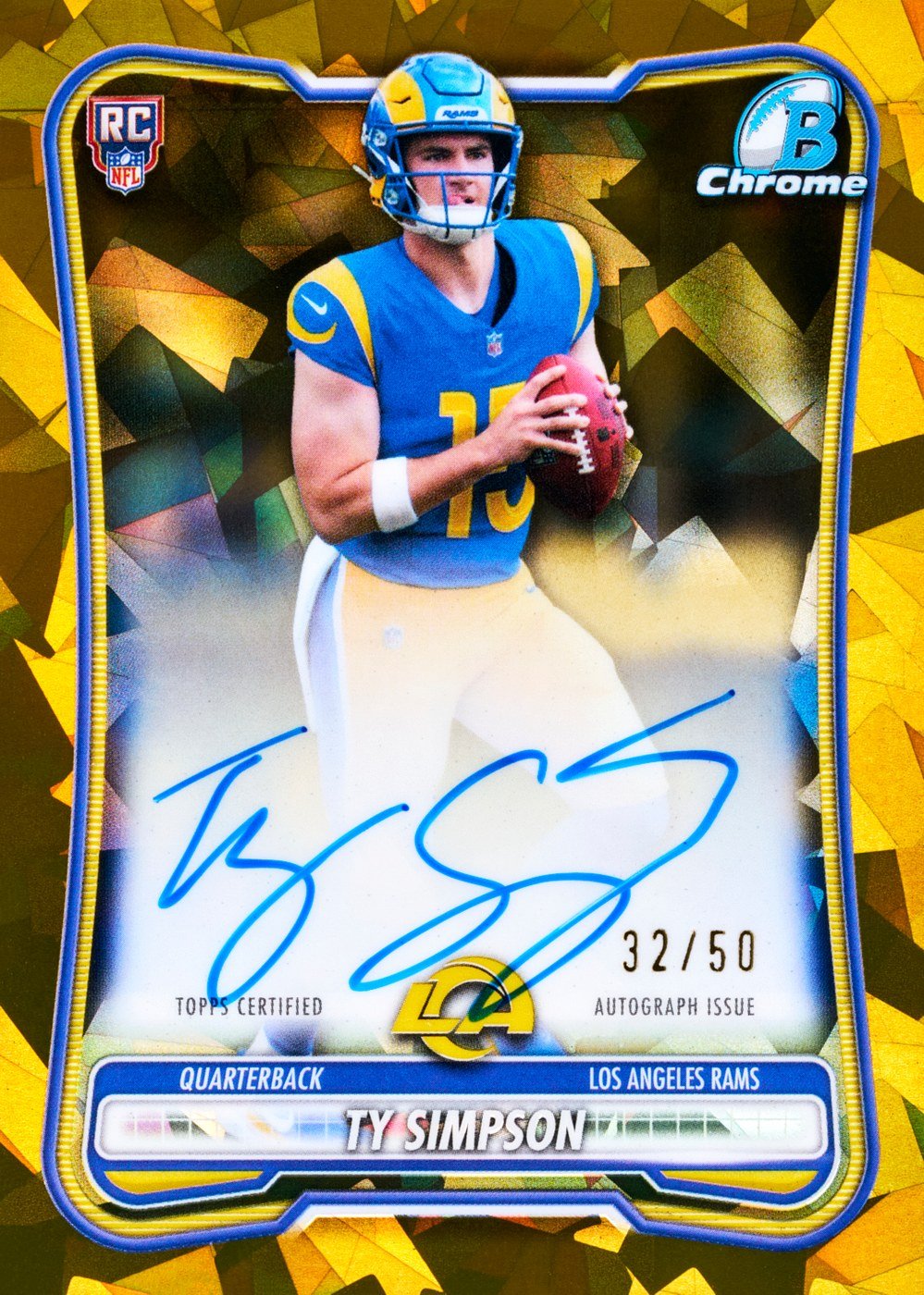 2026 Bowman Sapphire Football Ty Simpson Base Chrome Rookie Autographs Gold Sapphire numbered 32/50