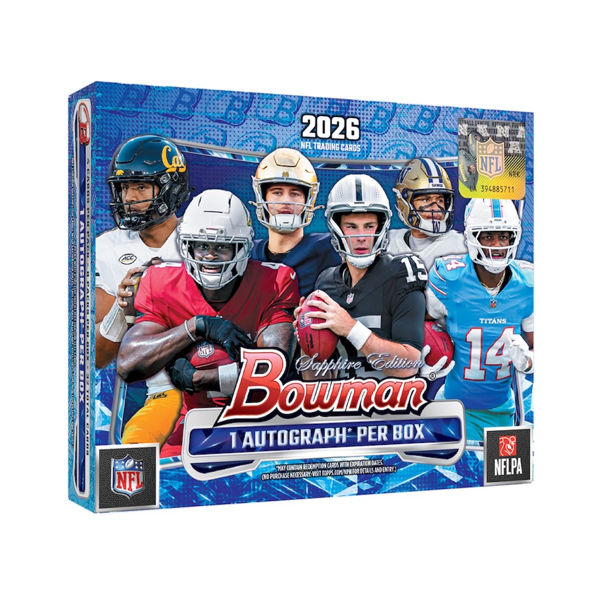 2026 Bowman Sapphire Edition Football box, 4 cards per pack, 8 packs per box, 1 autograph per box