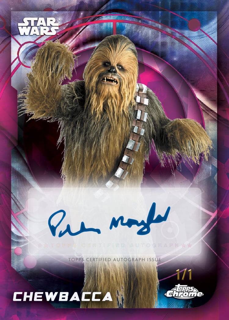 2026 Topps Chrome Sapphire Star Wars Chewbacca Characters Autographs signed by Peter Mayhew, Padparadscha Sapphire numbered 1/1