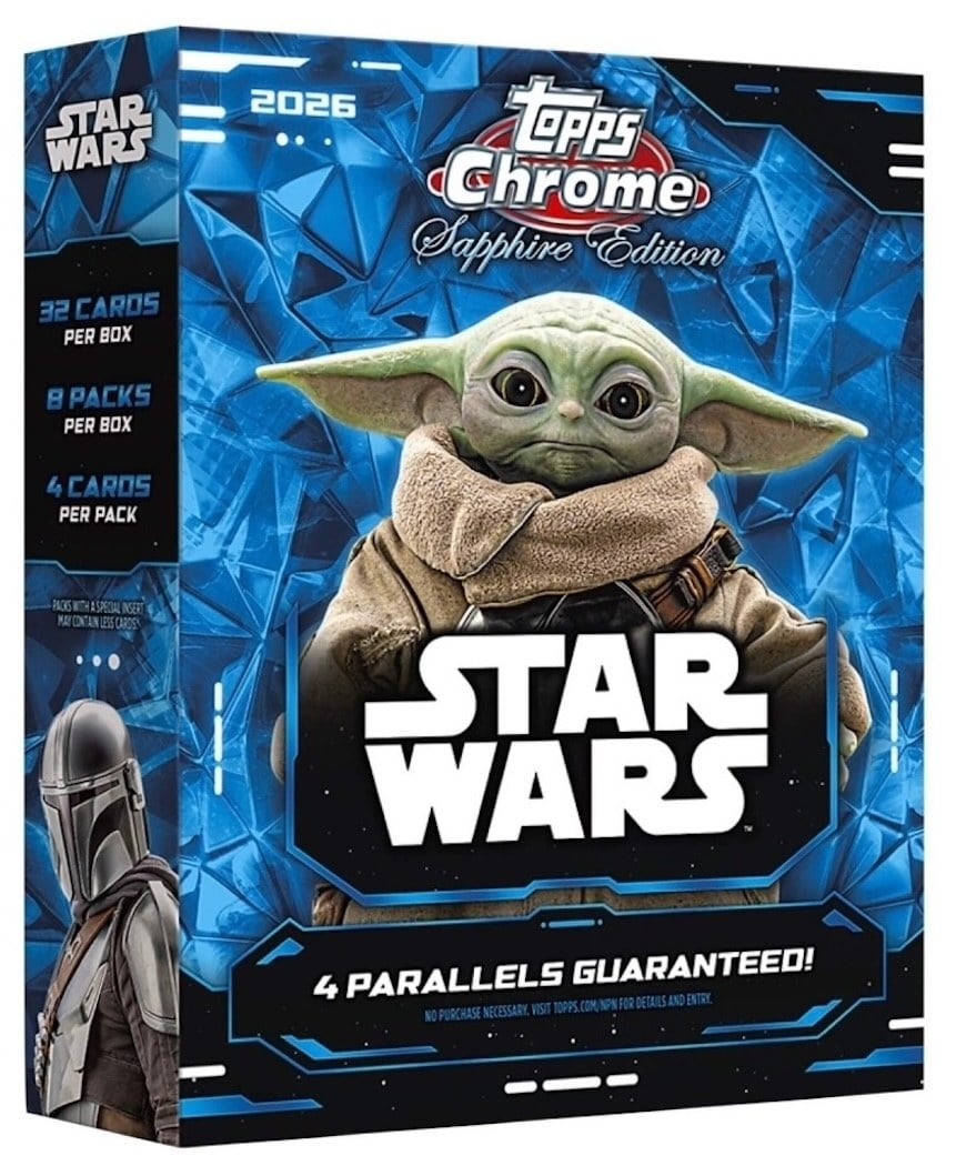 2026 Topps Chrome Sapphire Star Wars box with Grogu on the front, 8 packs of 4 cards, 32 cards per box, 4 parallels guaranteed